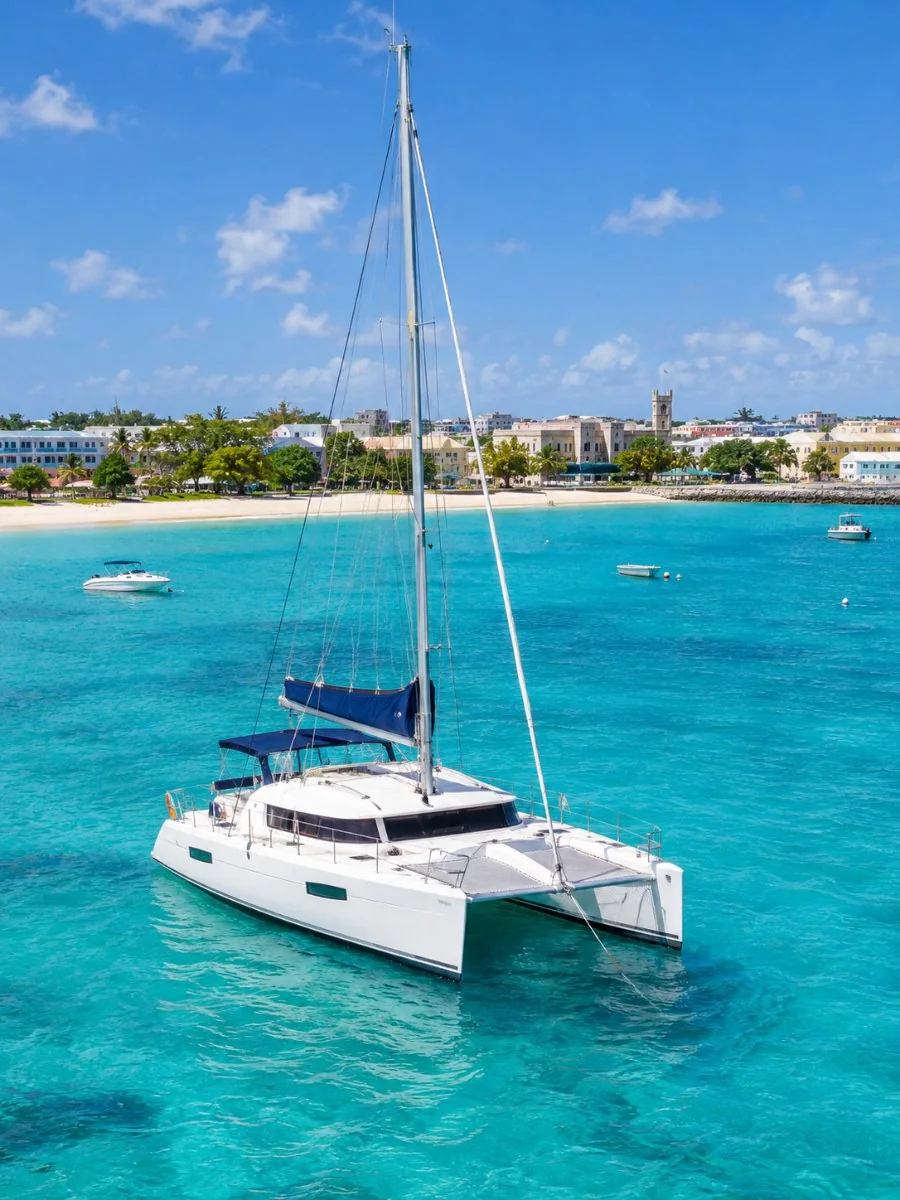 A catamaran at anchor in the turquoise water of Carlisle Bay with Bridgetown's low skyline and a white beach behind
