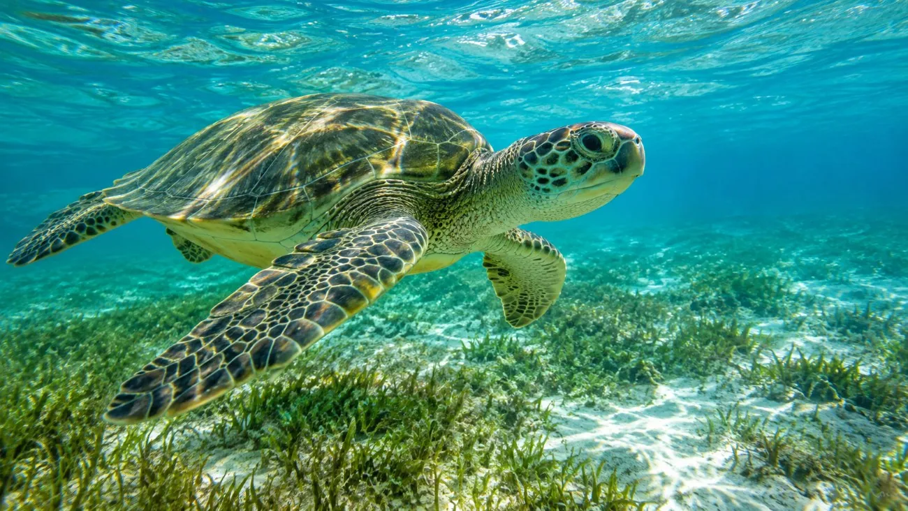 A green sea turtle swimming over seagrass near the surface in clear water off the west coast of Barbados