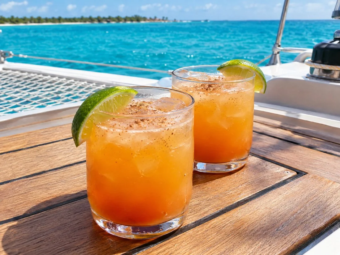Glasses of rum punch with nutmeg on the deck of a catamaran with the sea behind