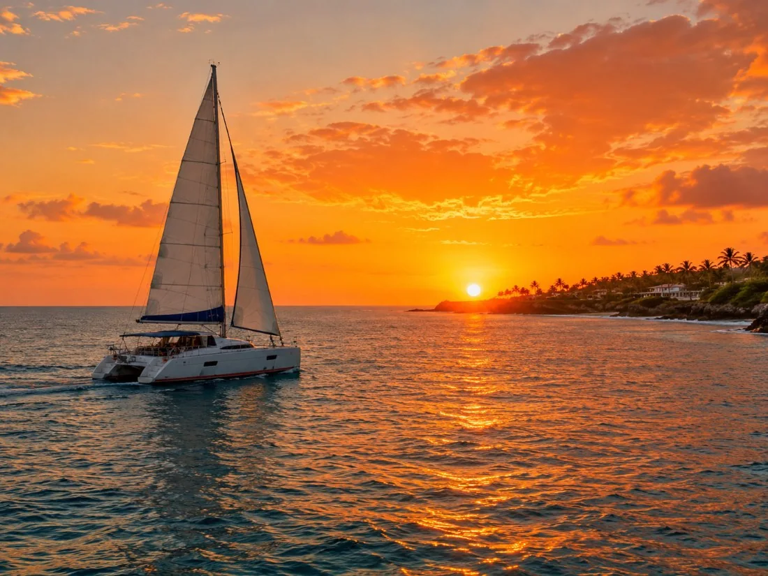 A catamaran sailing along the Barbados coast at sunset with an orange sky over the Caribbean Sea